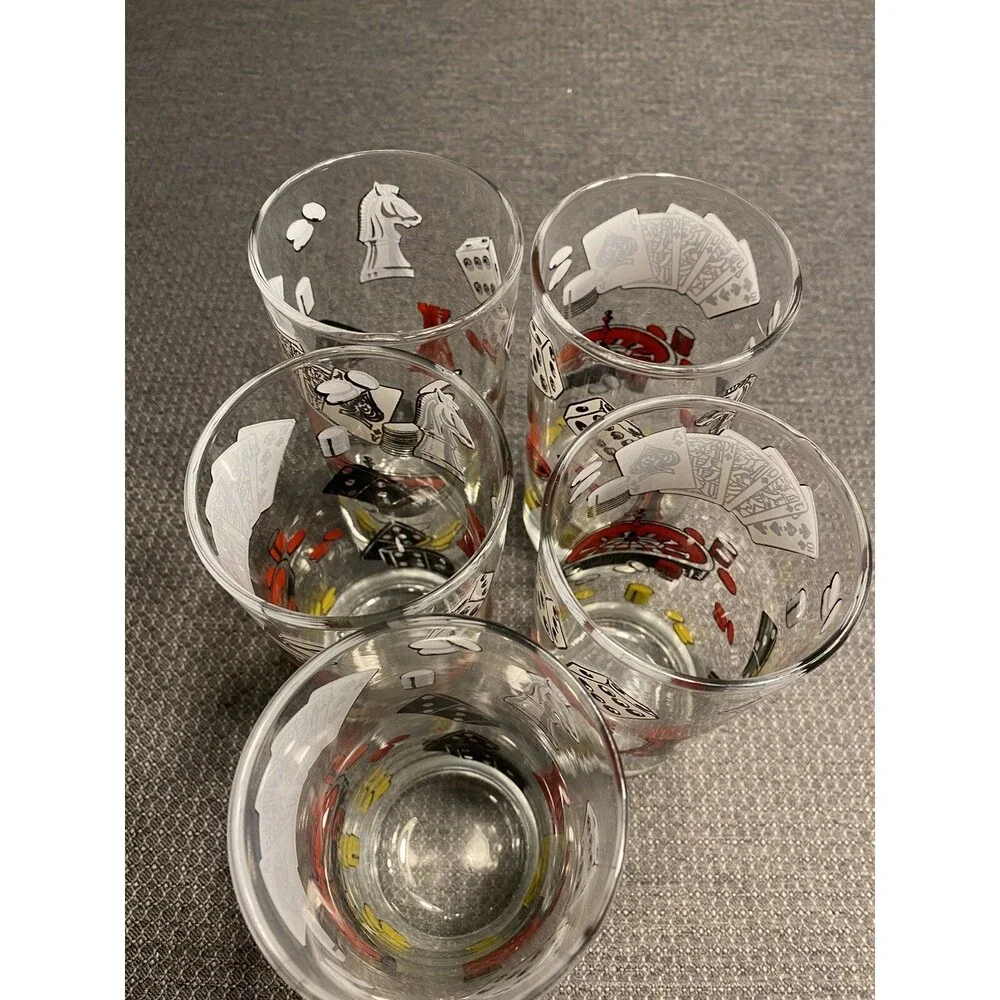 Hazel Atlas Poker Themed Cards Ice Bucket & 5 Glasses 1960’s Man Cave Barware
